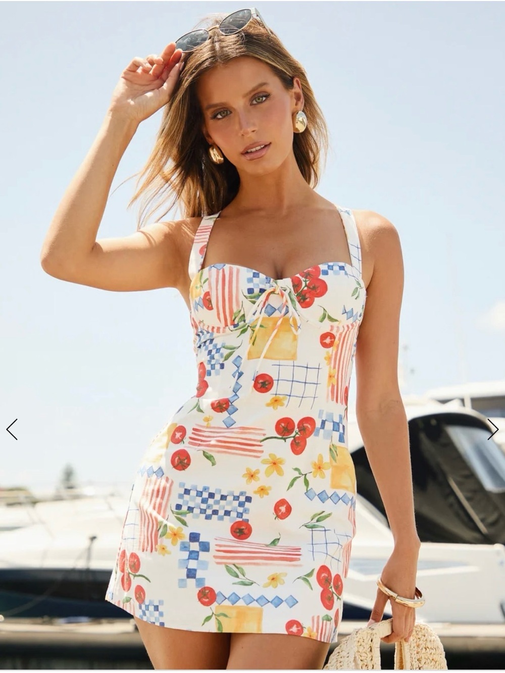 Showpo White Mikayla Mini Linen BlenDress with Multi-Color Floral & Tomato Print